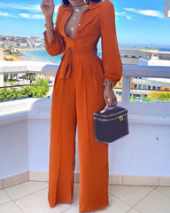 Casual Shirt Collar Polyester Two-Piece Suit Jumpsuits