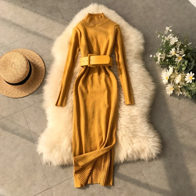 Wool Long Dress High Collar Long Sleeve Tie High Waist Slim Knitting Pullover