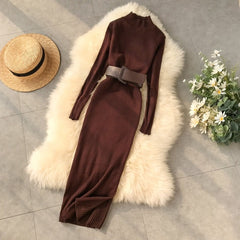 Wool Long Dress High Collar Long Sleeve Tie High Waist Slim Knitting Pullover