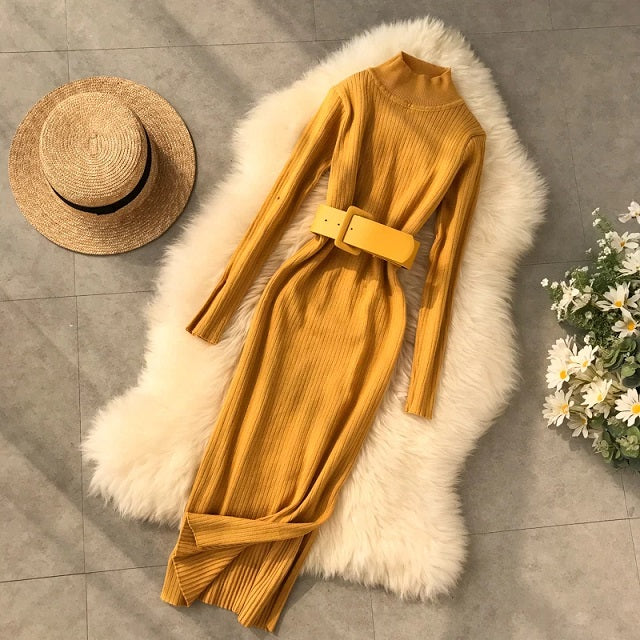 Wool Long Dress High Collar Long Sleeve Tie High Waist Slim Knitting Pullover
