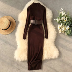 Wool Long Dress High Collar Long Sleeve Tie High Waist Slim Knitting Pullover