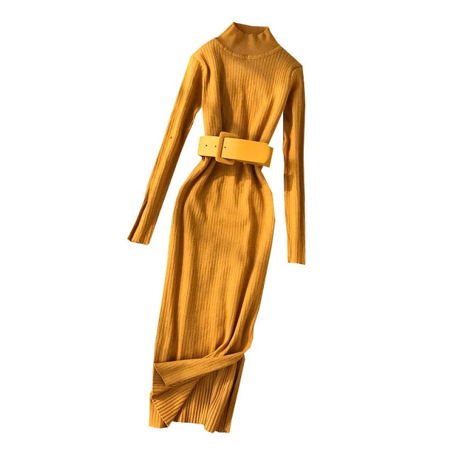 Wool Long Dress High Collar Long Sleeve Tie High Waist Slim Knitting Pullover
