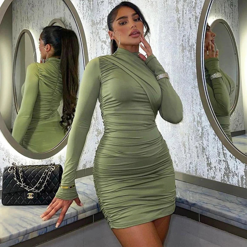 Wrap Long Sleeve Rushed Bodycon Night Club Short Mini Dress