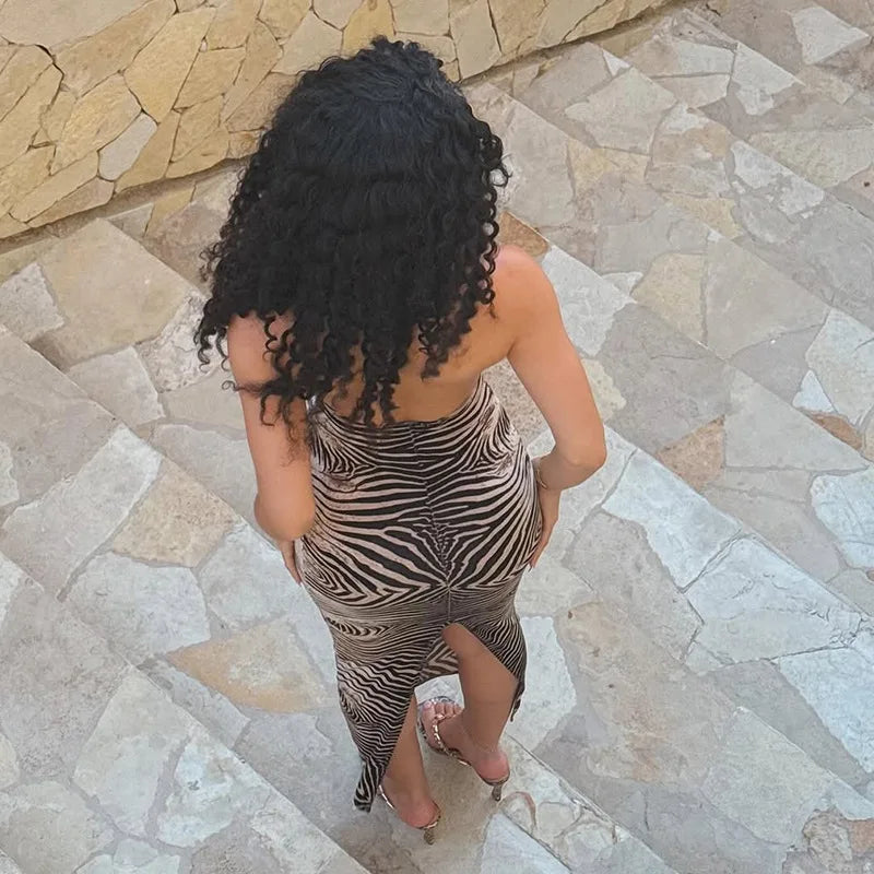 Zebra Print Halter Backless Holiday Beachwear Midnight Party Club Bodycon Maxi Dress