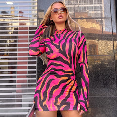 Zebra Print Striped Long Sleeved Pullover Wrap Tights Half-high Collar Mini Dress
