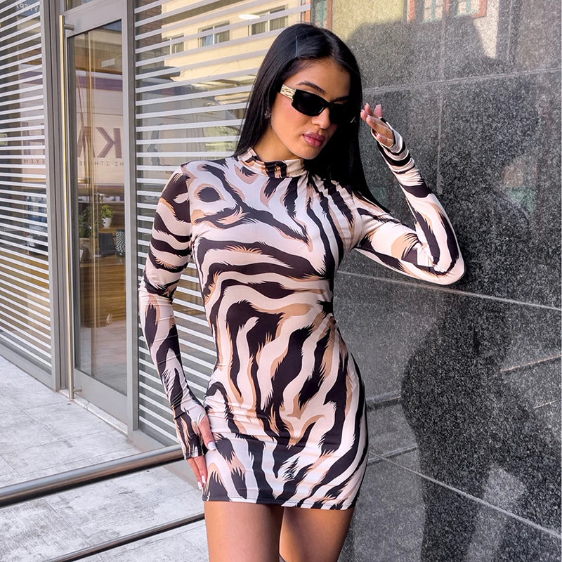 Zebra Print Striped Long Sleeved Pullover Wrap Tights Half-high Collar Mini Dress