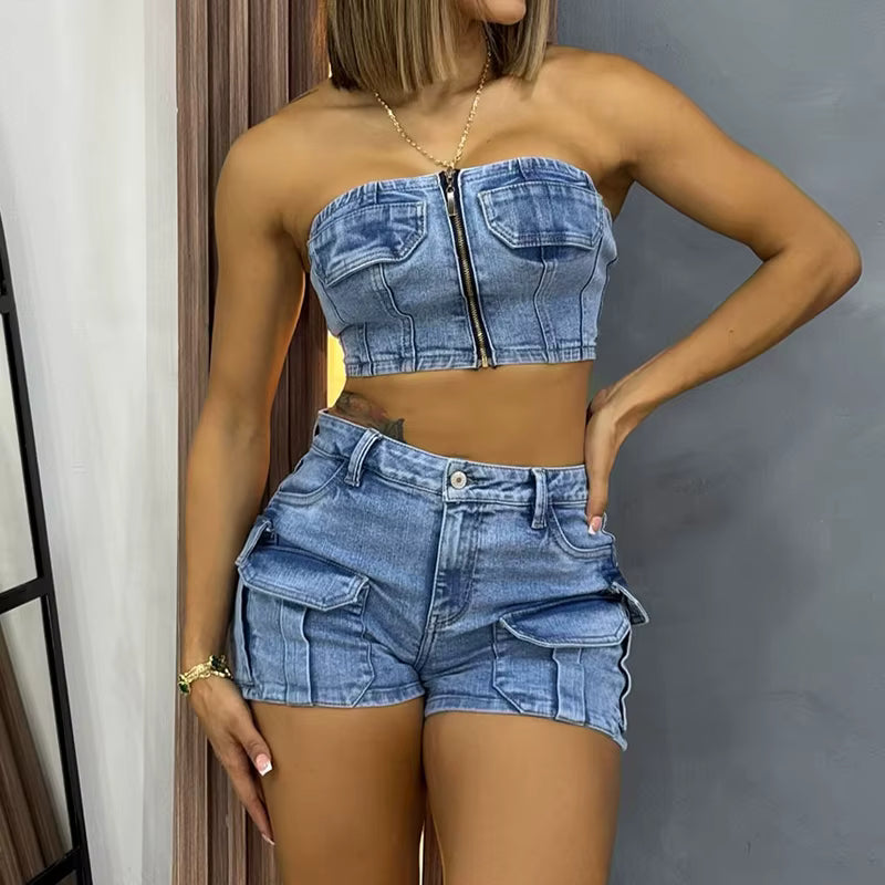 Casual Zip Up Crop Tube Top And Multi-pocket Cargo Denim Shorts 2 Piece Sets