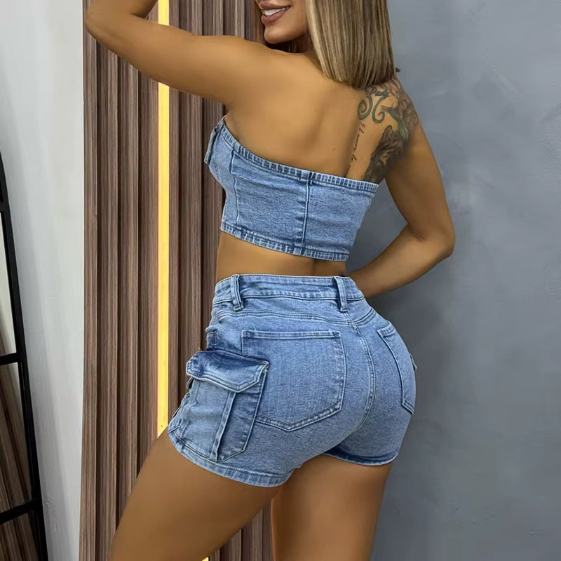 Casual Zip Up Crop Tube Top And Multi-pocket Cargo Denim Shorts 2 Piece Sets