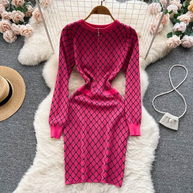 Zipper O Neck Long Sleeve Elastic Sweater Dress