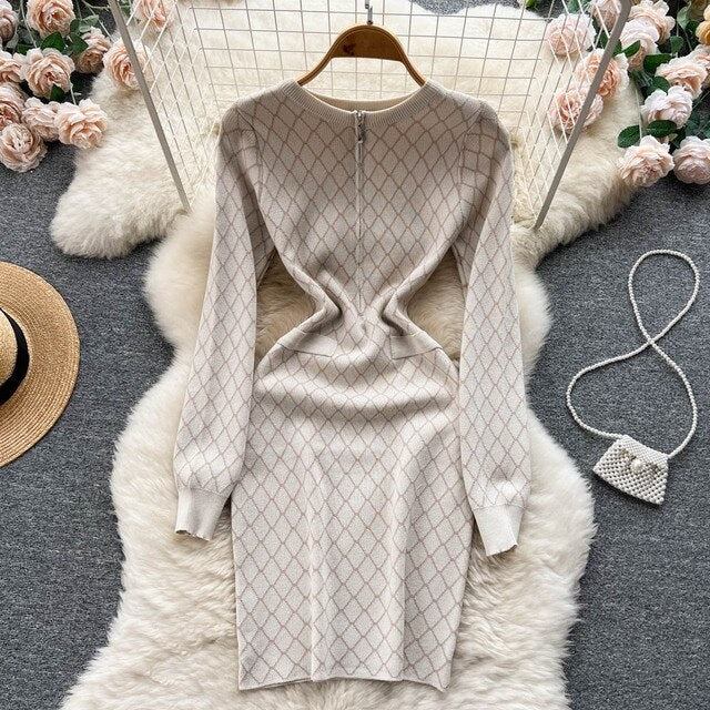 Zipper O Neck Long Sleeve Elastic Sweater Dress