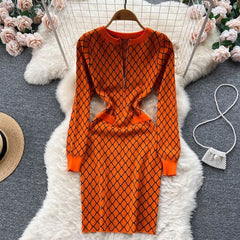Zipper O Neck Long Sleeve Elastic Sweater Dress