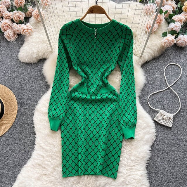 Zipper O Neck Long Sleeve Elastic Sweater Dress