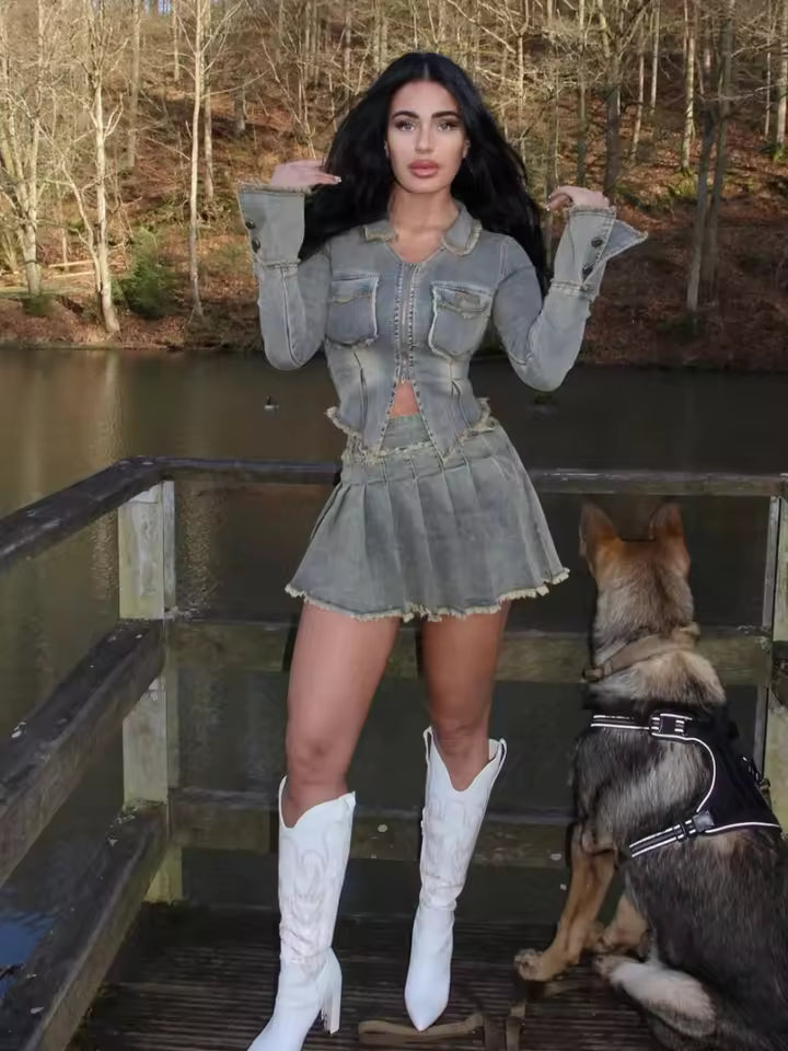 Zippers Long Sleeve Short Pleated Denim Jacket Mini Skirt Set