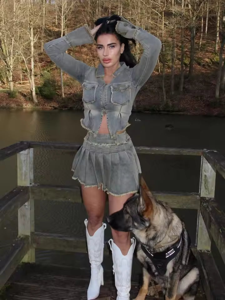Zippers Long Sleeve Short Pleated Denim Jacket Mini Skirt Set