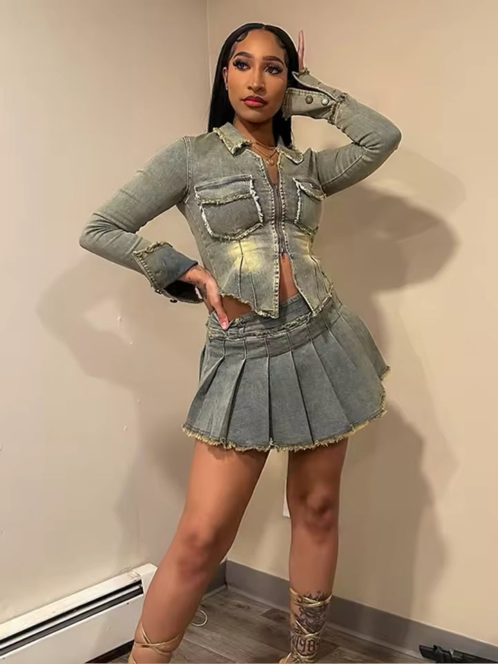 Zippers Long Sleeve Short Pleated Denim Jacket Mini Skirt Set