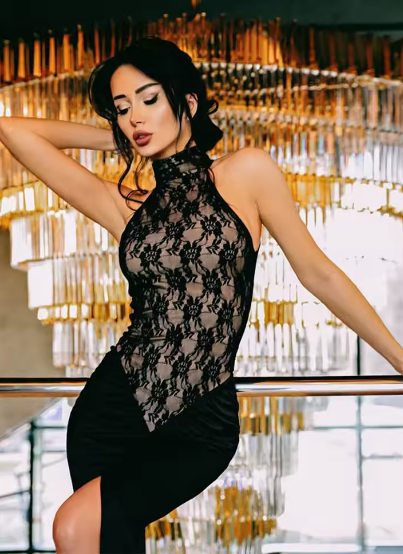 Lace Patchwork High Collar Sleeveless Bodycon