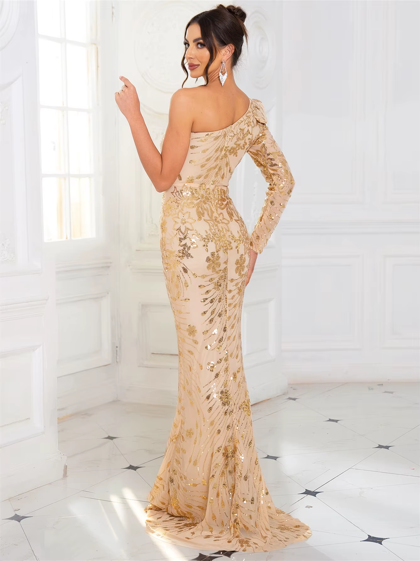 Elegant Sequined Ruffle One Shoulder Floor Length Long Sleeve Evening Event Maxi Dress