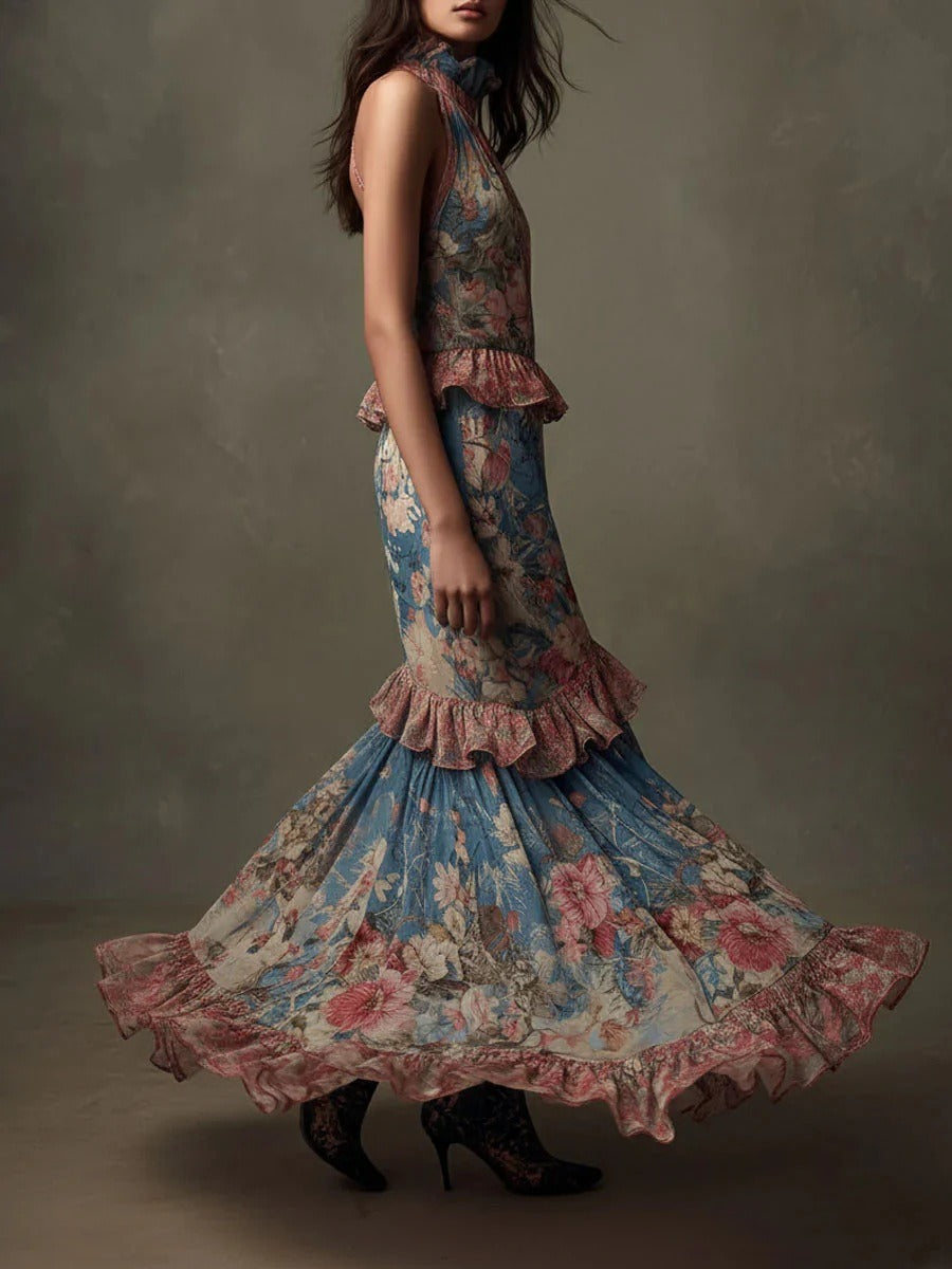 High-waisted vintage print dress