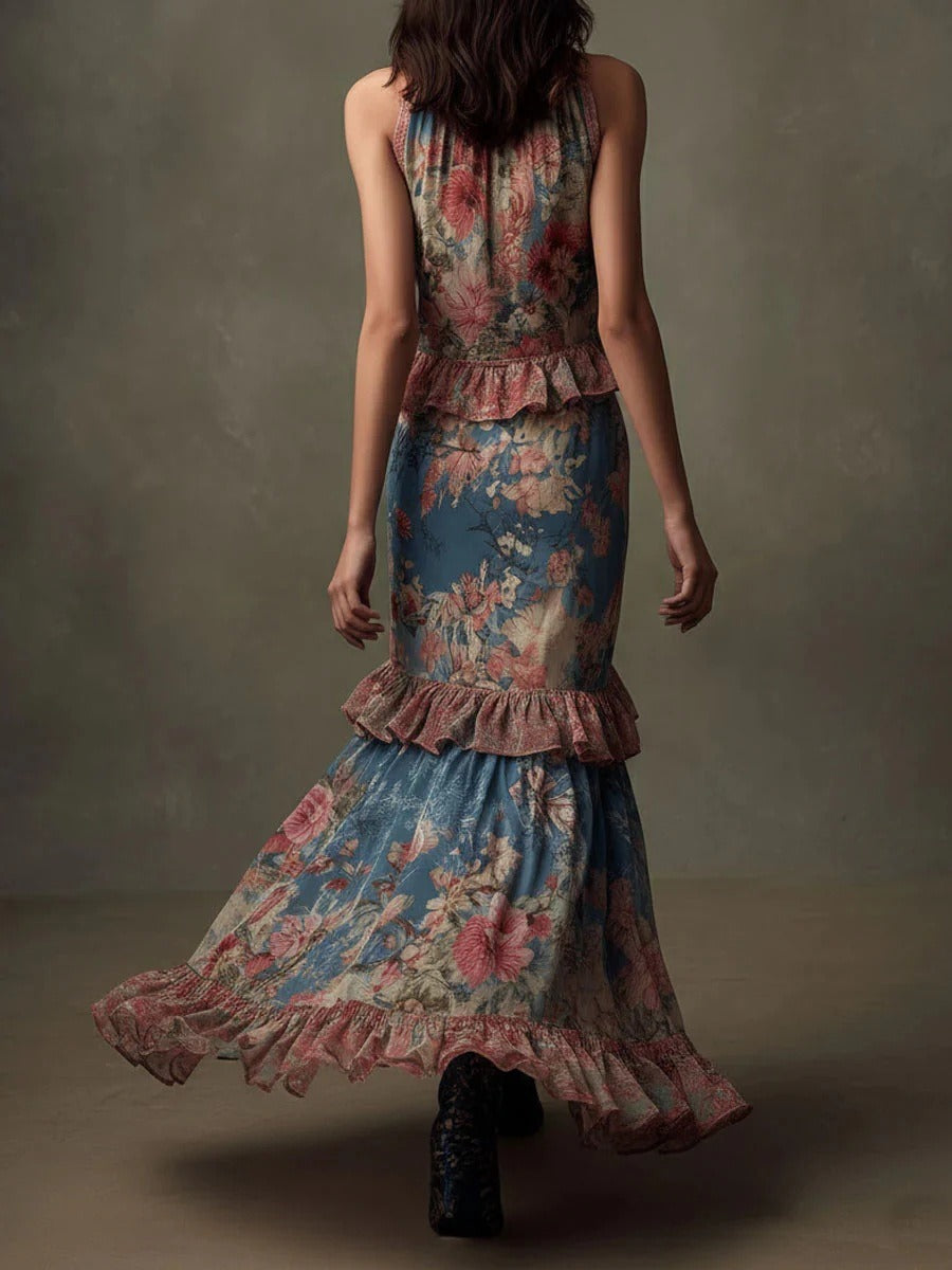 High-waisted vintage print dress