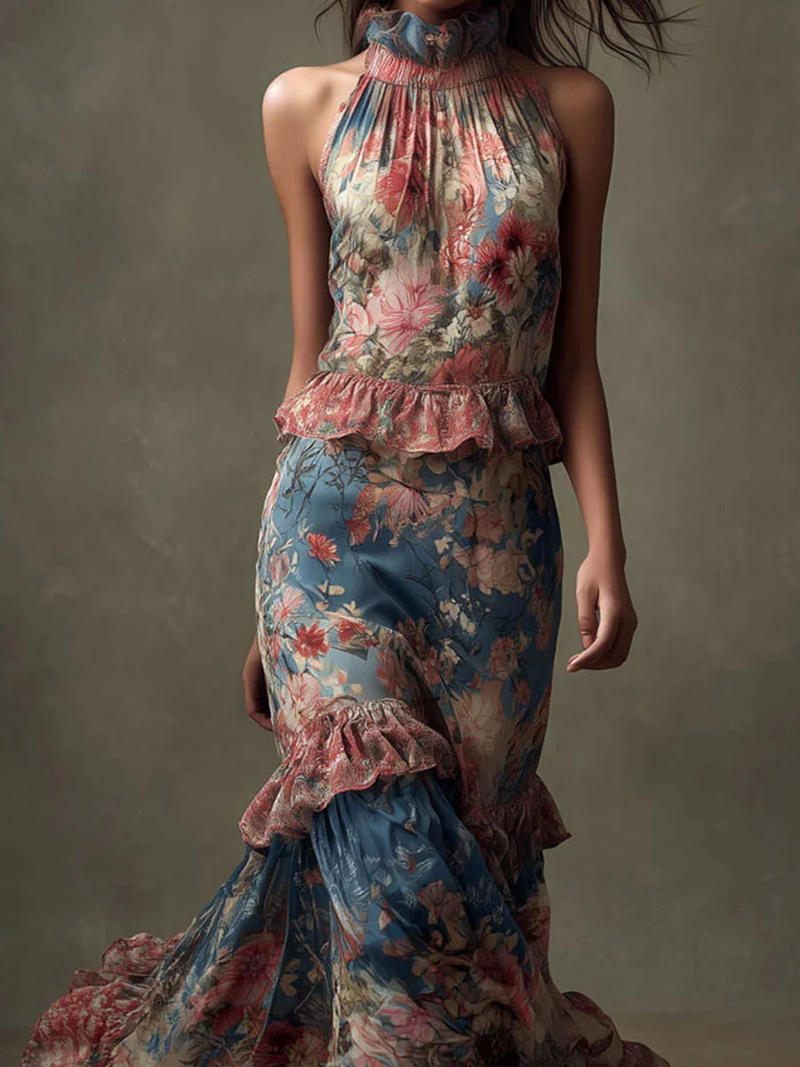 High-waisted vintage print dress