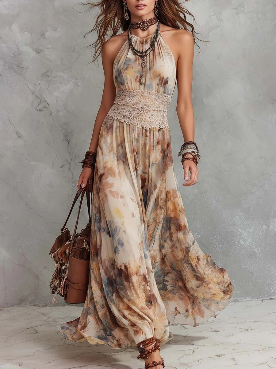 Floral print halter-neck fitted dress