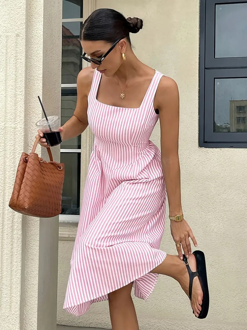 Striped Slash Neck Long Ruffles Party Dress