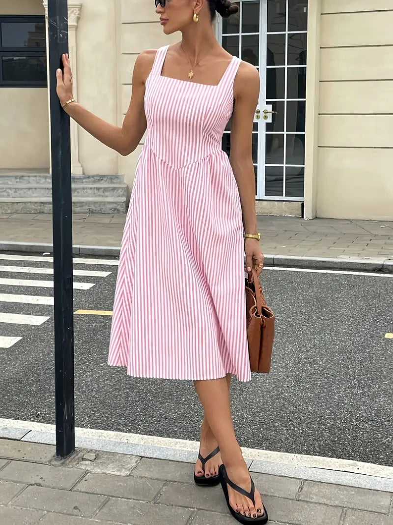 Striped Slash Neck Long Ruffles Party Dress