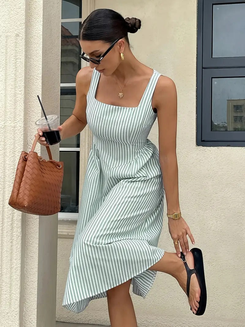 Striped Slash Neck Long Ruffles Party Dress