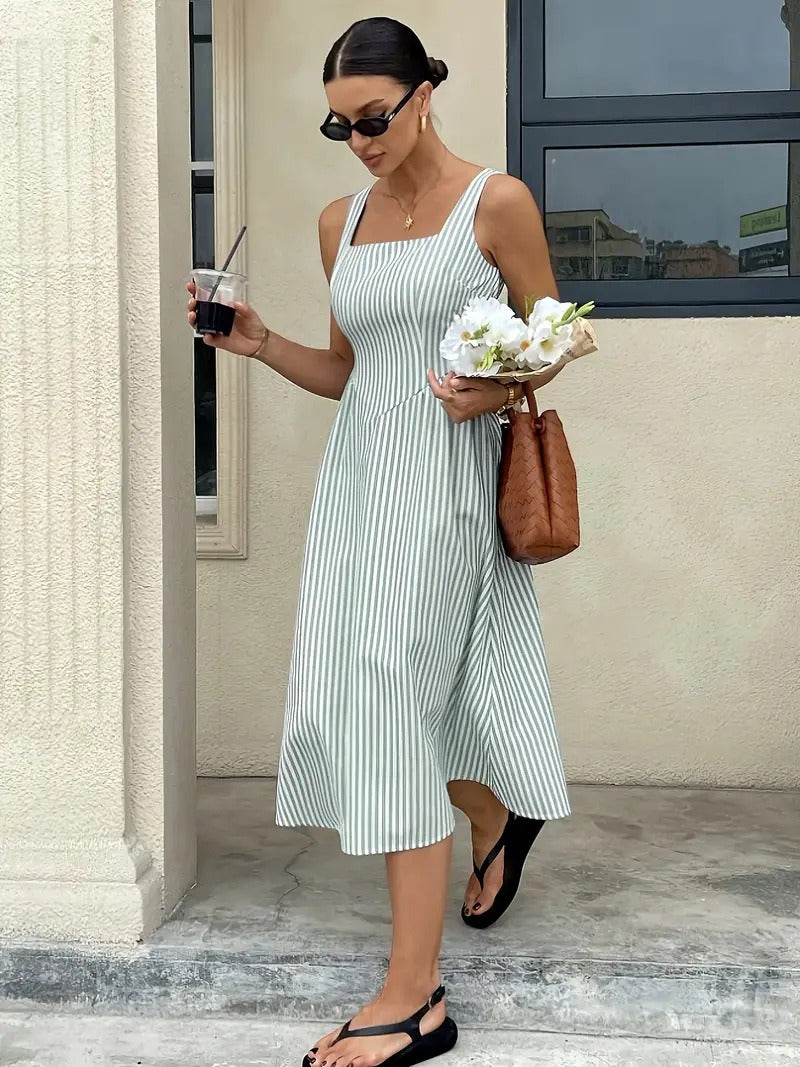 Striped Slash Neck Long Ruffles Party Dress