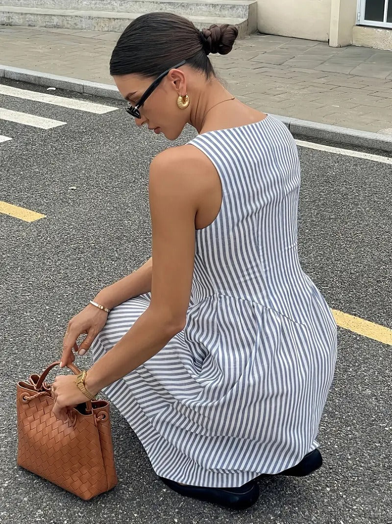 Striped Slash Neck Long Ruffles Party Dress