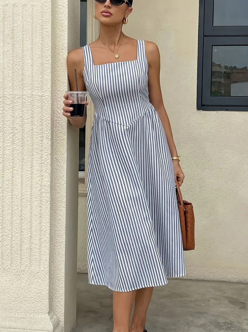 Striped Slash Neck Long Ruffles Party Dress