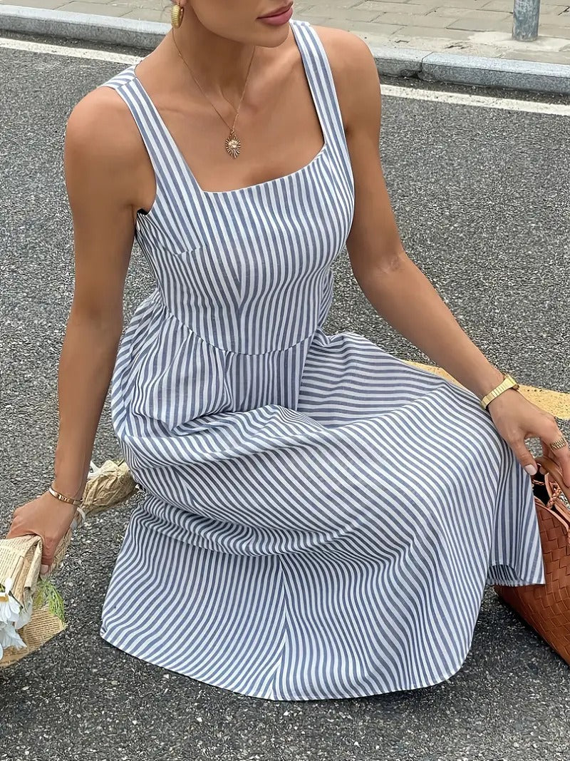 Striped Slash Neck Long Ruffles Party Dress