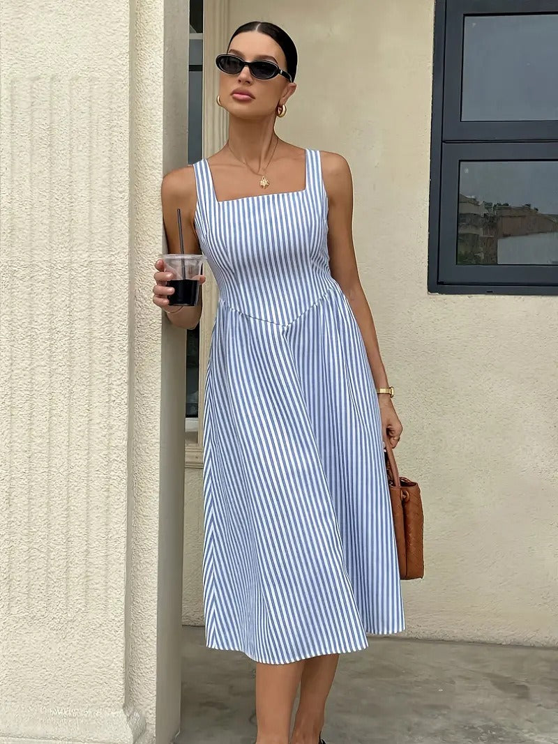 Striped Slash Neck Long Ruffles Party Dress