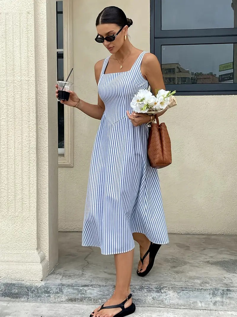 Striped Slash Neck Long Ruffles Party Dress