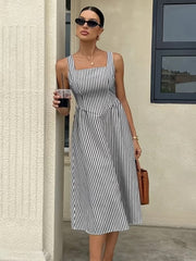 Striped Slash Neck Long Ruffles Party Dress