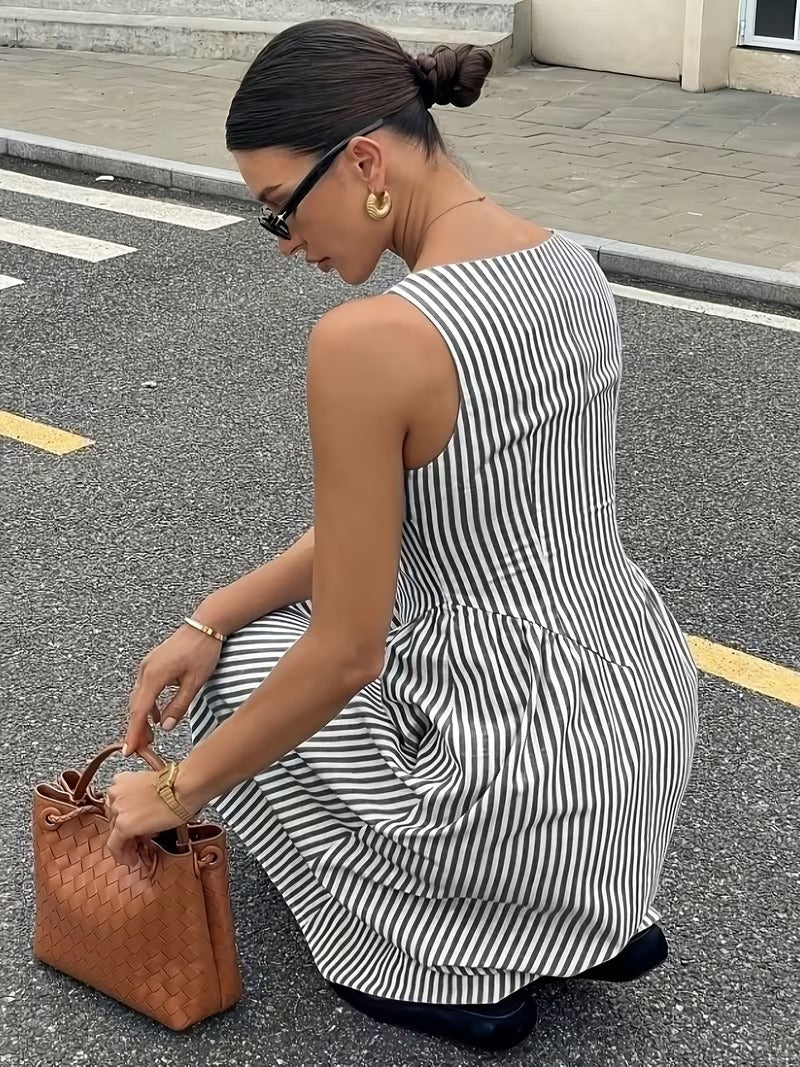 Striped Slash Neck Long Ruffles Party Dress