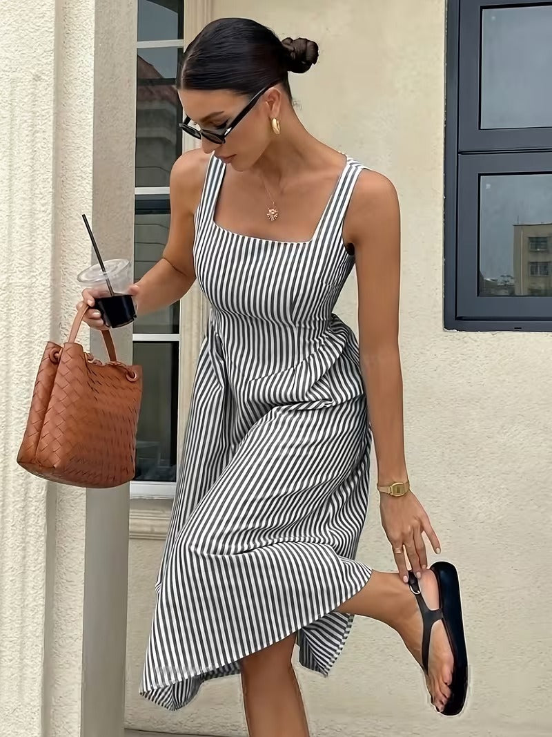 Striped Slash Neck Long Ruffles Party Dress