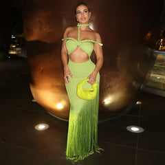 Elegant Tassel A Line High Waist Beach Skirt Bandage Super Short Top Beach Holiday Party Two Piece Sets