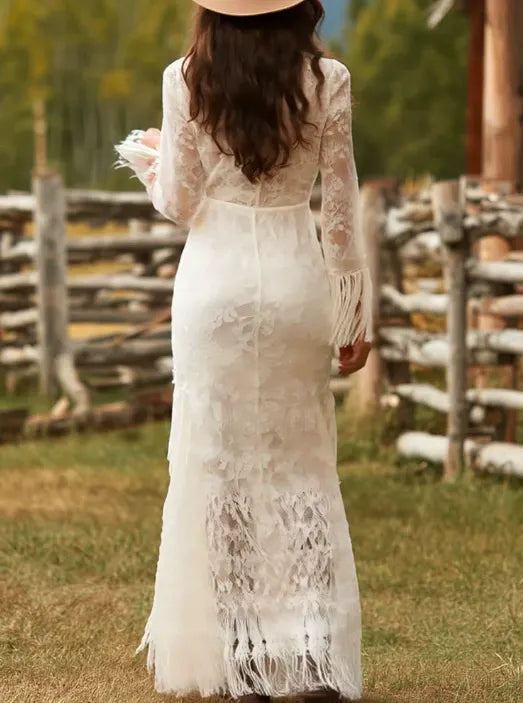 Sequins Bead Square Neck Flower Long Sleeves Tassel Design Evening Party Long Bodycon Dresses