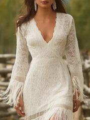 Sequins Bead Square Neck Flower Long Sleeves Tassel Design Evening Party Long Bodycon Dresses