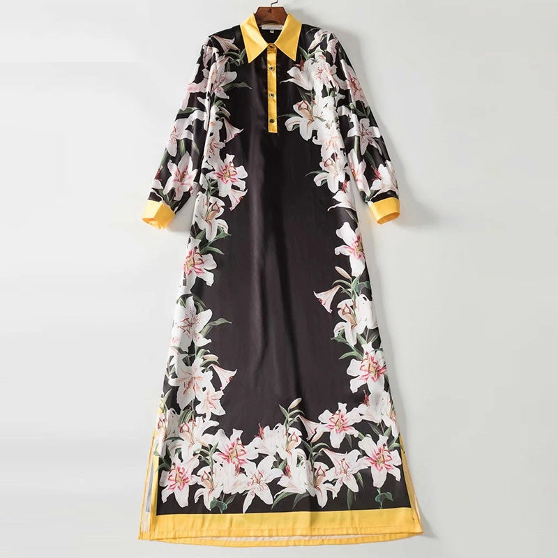 lily Flower Printed Robe Long Sleeve Vintage Maxi Dress