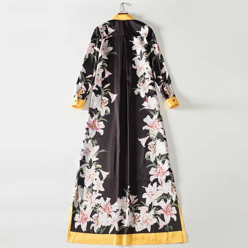 lily Flower Printed Robe Long Sleeve Vintage Maxi Dress