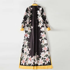 lily Flower Printed Robe Long Sleeve Vintage Maxi Dress