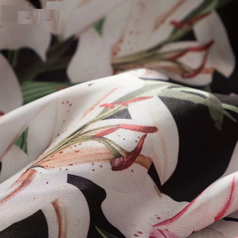 lily Flower Printed Robe Long Sleeve Vintage Maxi Dress