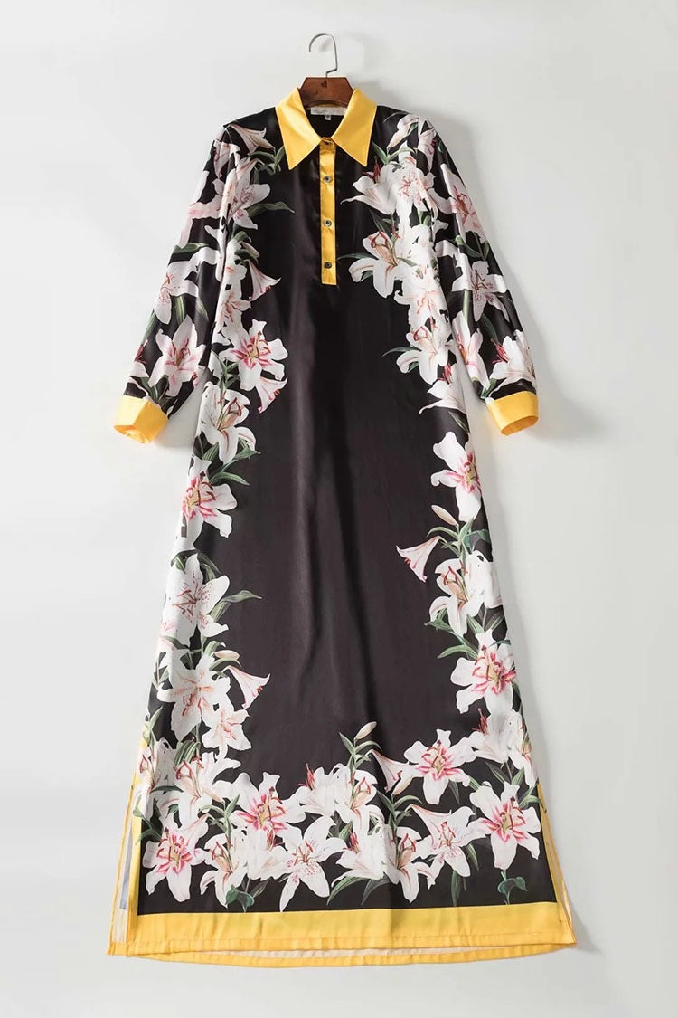 lily Flower Printed Robe Long Sleeve Vintage Maxi Dress