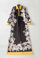 lily Flower Printed Robe Long Sleeve Vintage Maxi Dress