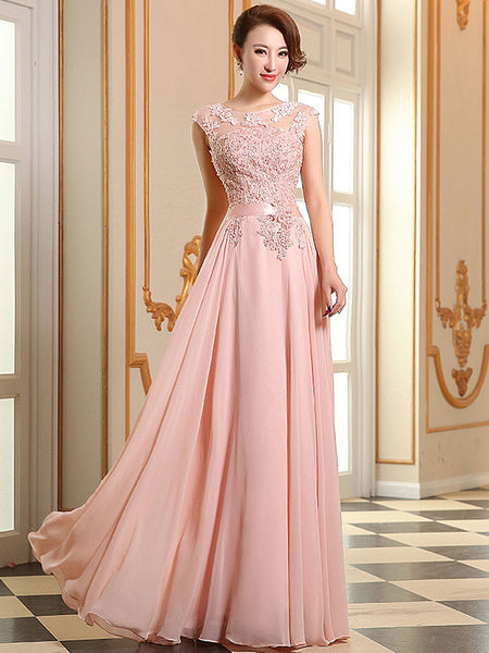 Prom Dresses Lace Applique Evening Dresses Chiffon Sleeveless Sash Floor Length Formal Gowns