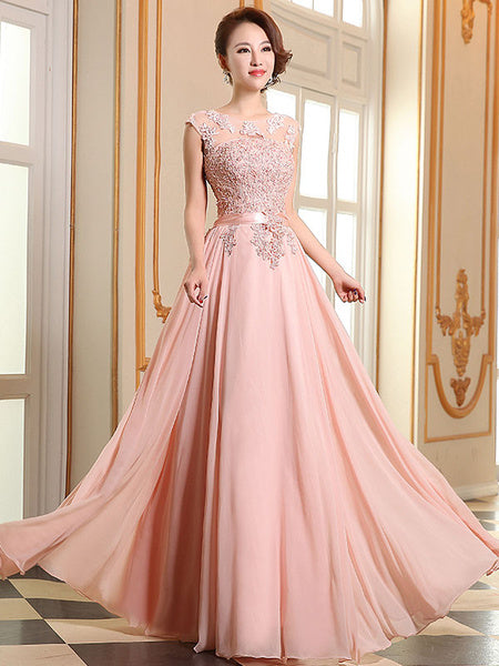 Prom Dresses Lace Applique Evening Dresses Chiffon Sleeveless Sash Floor Length Formal Gowns