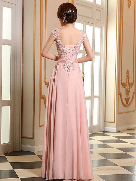 Prom Dresses Lace Applique Evening Dresses Chiffon Sleeveless Sash Floor Length Formal Gowns