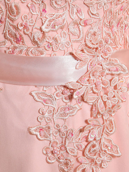 Prom Dresses Lace Applique Evening Dresses Chiffon Sleeveless Sash Floor Length Formal Gowns